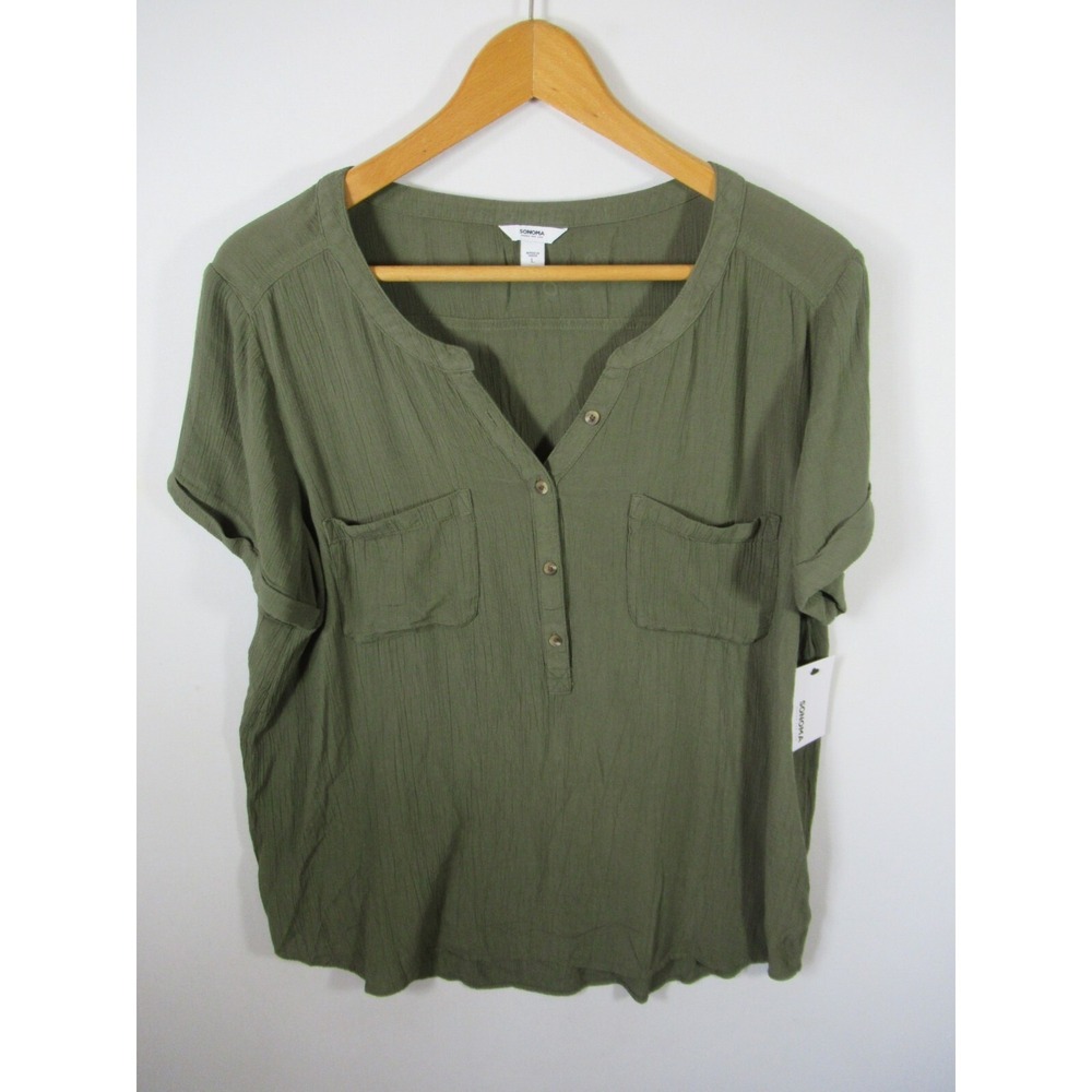 NEW Sonoma Popover Shirt Women Large Green Short Sleeve Cuffed Blouse V-neck
